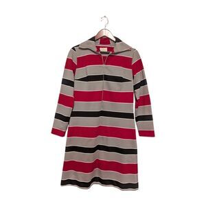 Vintage 1970s Cintura M Retro L/ S Zip Up Collared Shift Dress Knit Red Gray